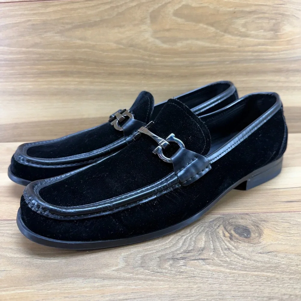 Salvatore Ferragamo Gandioso Black Velvet Loafer Men 10 E Ornament Formal Luxury
